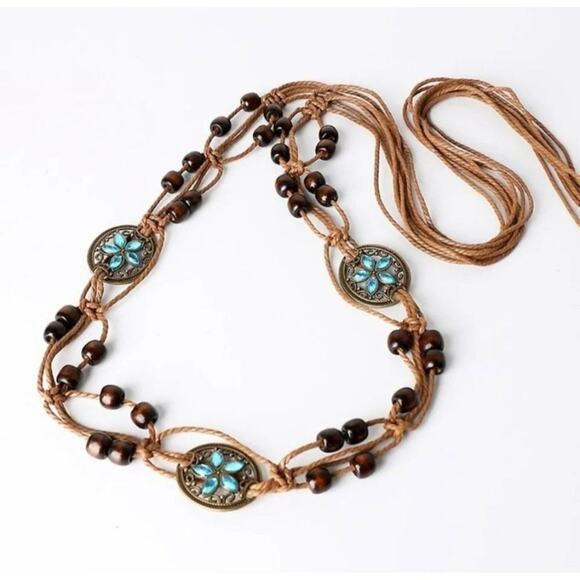 Boho Braided 5 Leaf Rhinestone Blue And Brown Beaded Woven Soft Tie Belt D0500 - Picture 11 of 12